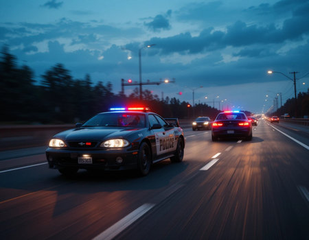 Police car on a highway in the evening. Motion blur effect.の素材