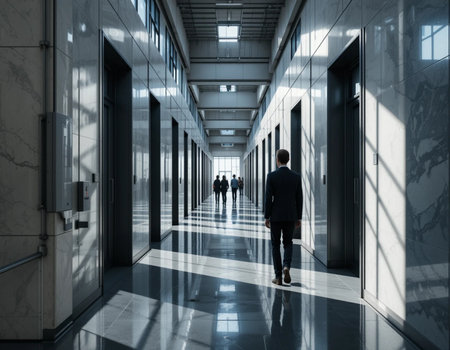 Businessman walking in the corridor of a modern office building. 3d renderingの素材