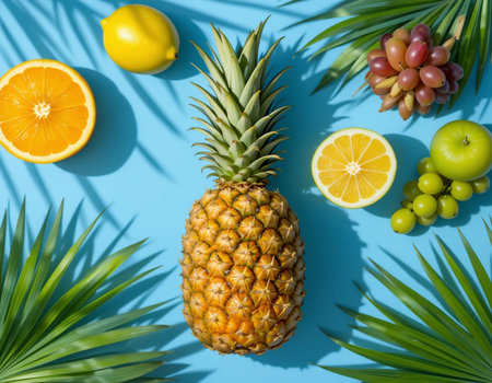 Fruit composition on blue background. Pineapple, lemons, grapefruits and palm leavesの素材