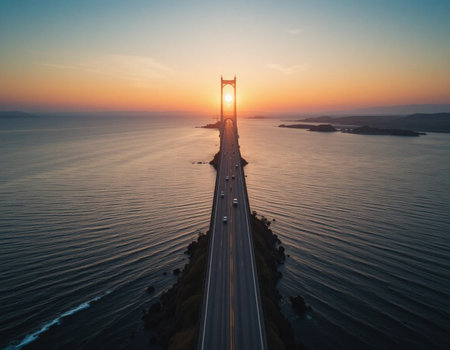 Aerial view of Golden Gate Bridge at sunset, San Francisco, California, USAの素材