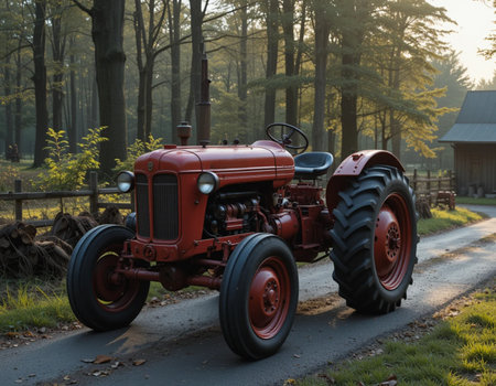 Vintage tractor on the road in the autumn forest at sunset.の素材