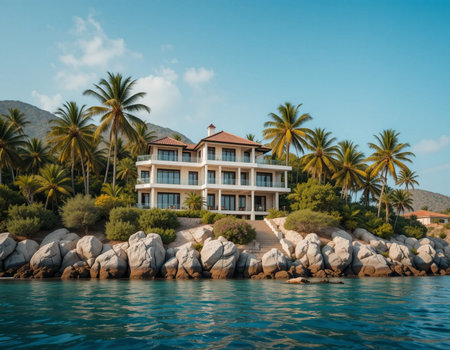 Luxury house on a tropical island in the middle of the seaの素材