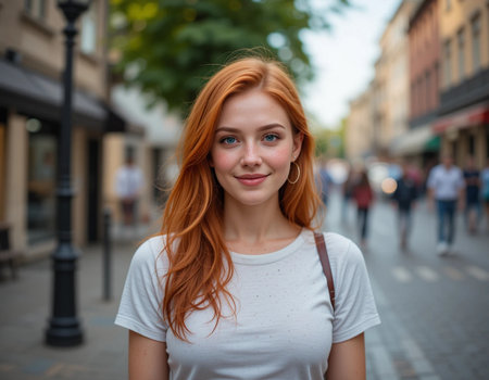 Portrait of a beautiful young woman with red hair in the cityの素材