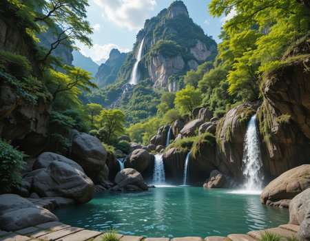 Mountain landscape with a waterfall in the middle of the forest.の素材