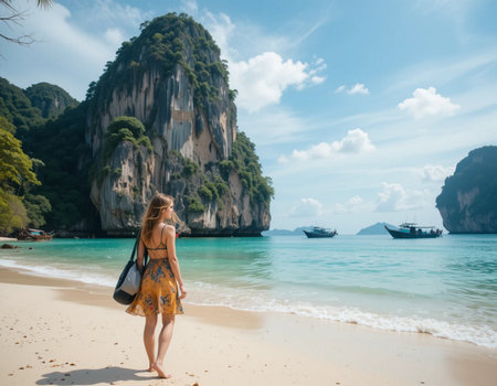 Young woman in summer dress walking on the beach at Railay, Krabi, Thailandの素材