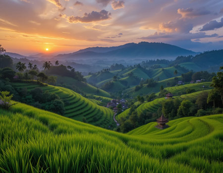 Rice terraces at sunset in Mae Chaem District, Chiang Mai Province, Thailandの素材