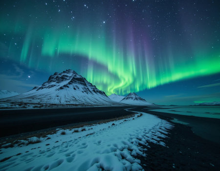 Aurora borealis over snow covered mountains in winter, Icelandの素材