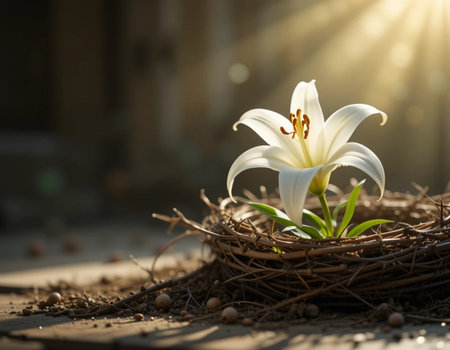 White lily in a nest on a wooden surface with sun raysの素材