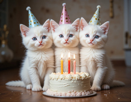 Three white kittens with birthday cake and candles on a wooden table.の素材
