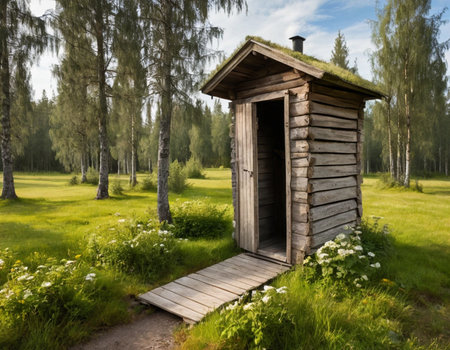 Old wooden toilet in the forest. The concept of travel and tourism.の素材