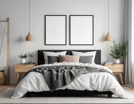 Mock up poster frame in bedroom interior, Scandinavian style. 3d renderの素材