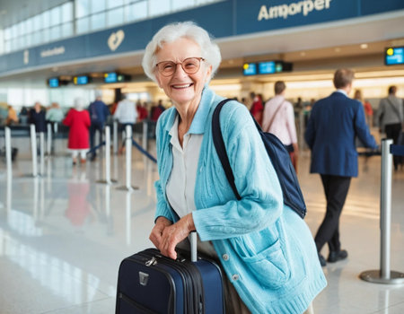 Portrait of smiling senior woman in eyeglasses standing with suitcase at airportの素材