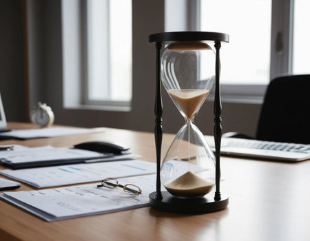 Hourglass on the table in the office. Time management concept.の素材