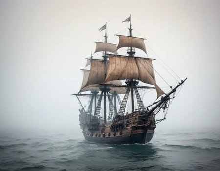 Sailing ship in the sea with fog on the background. 3d renderingの素材