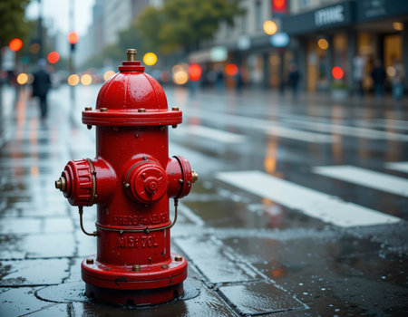Red fire hydrant on the wet street in Paris, France.の素材