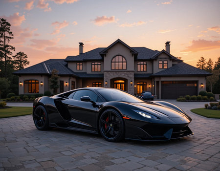 Luxury black sports car in front of a house at sunsetの素材