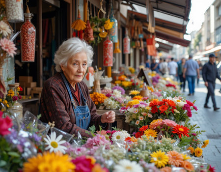 Elderly woman selling flowers at the street market in Lviv, Ukraineの素材