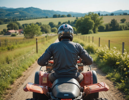 Rear view of a man riding a quad bike on a country roadの素材