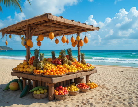 Fruit stall on the beach of the Caribbean island of Seychellesの素材