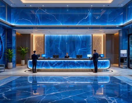 Business people standing in modern office lobby with blue and white wallsle floor and reception desk with computers. 3d renderingの素材