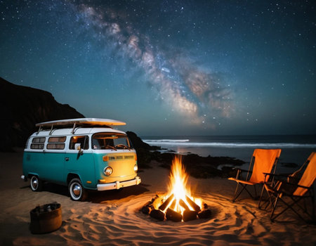 Vintage camper van on the beach with bonfire at nightの素材
