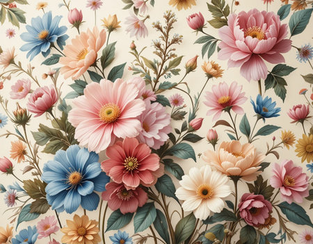 Colorful flowers on the wall background. Vintage style toned pictureの素材