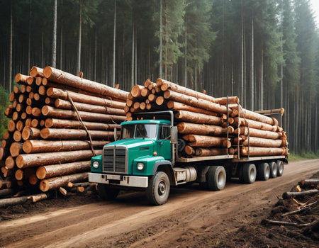 Truck carrying a pile of logs in the forest. Logging industryの素材