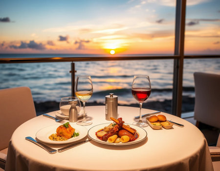 Romantic dinner on the sea at sunset. Dinner on the yacht.の素材