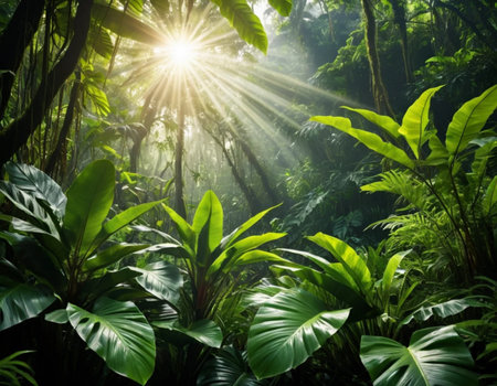 Tropical rainforest with sun rays shining through green leaves.の素材