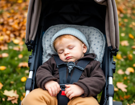 Adorable baby boy sitting in stroller and sleeping in autumn parkの素材
