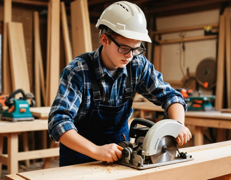 Carpenter working with a circular saw in a carpentry workshopの素材