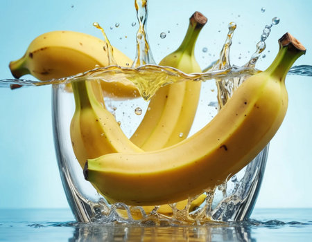 Fresh bananas falling into water with splash on blue background, healthy foodの素材