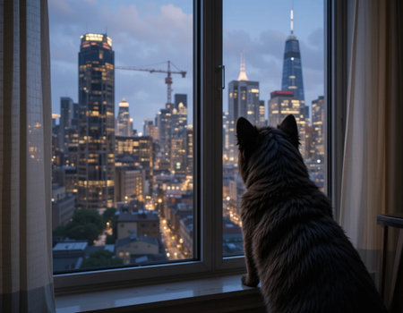 Cat looking out the window to the New York City skyline at sunsetの素材