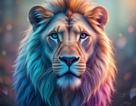 Portrait of a beautiful lion with blue eyes in the forest.の素材