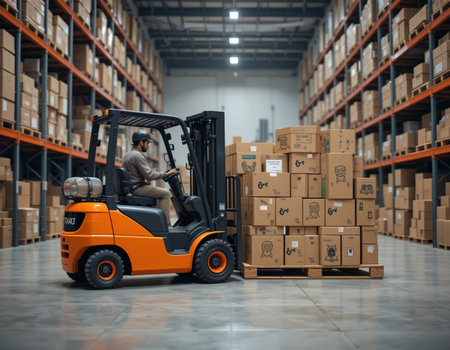 Forklift loader in warehouse. Side view of male warehouse worker driving forklift with cardboard boxes in warehouse.の素材