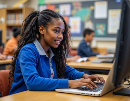 education, technology and internet concept - smiling African American schoolgirl with computer in classroomの素材