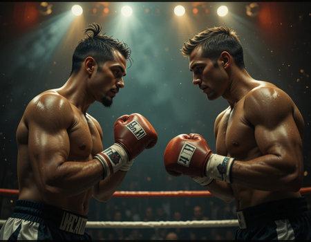 Two professional boxers fighting in the ring on a dark background.の素材