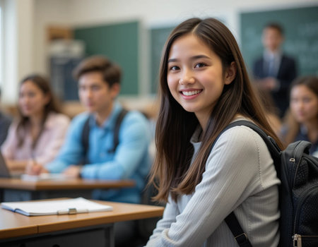 Portrait of smiling female student in classroom with classmates in the backgroundの素材