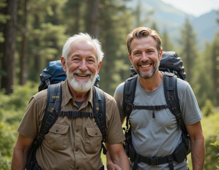 Portrait of happy senior couple with backpacks smiling at camera in forestの素材