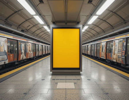 Blank billboard on the platform of a subway station. 3d renderingの素材