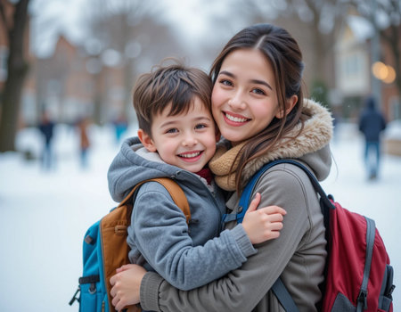 Mother and son on the background of a snowy city street. Happy family.の素材