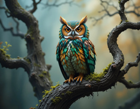 Owl sitting on a tree branch in the forest. Wildlife scene.の素材
