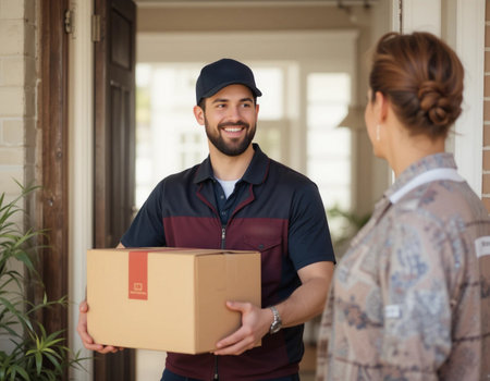 Smiling delivery man delivering parcel box to recipient at home. Delivery service concept.の素材