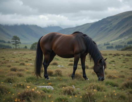 Horse grazing on a field in the Cairngorms National Park, Scotlandの素材