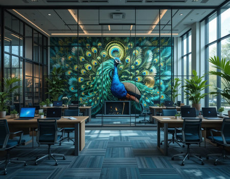 3D rendering of a beautiful peacock in a modern office interiorの素材