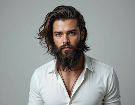 Portrait of handsome man with long beard and mustache in white shirtの素材