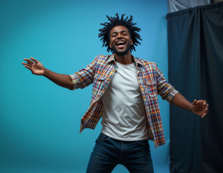 excited african american man with afro hairstyle dancing on blue backgroundの素材