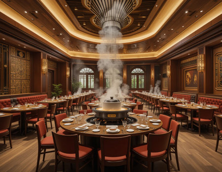3d rendering of a restaurant interior with smoke coming out of the fireの素材
