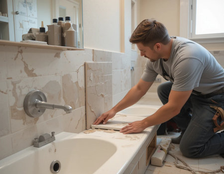 Young man installing ceramic tile on the sink in the bathroom at homeの素材