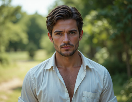 Portrait of a handsome young man in the park. Men's beauty, fashion.の素材